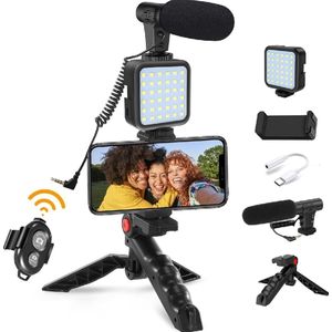 SIKITUT Tripod Phone Stand Kit with Clip Microphone LED Light, Remote Control, Kit for Video Recording with TYPE-C Audio Adapter Cable