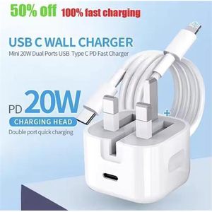 Quick charger folding PD 20W QC3.0 Type C quick charging adapter UK Type C power adapter+1MC to Lightning cable, suitable for 15 14 13 12 Pro Max UK plug