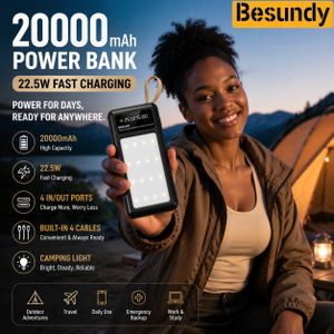 Besundy With Camping Light 20000mAh Power Bank with 4 Cables Portable 4-wire Fast Charge Dual Output Ports Ultra Capacity Outdoor Power Bank